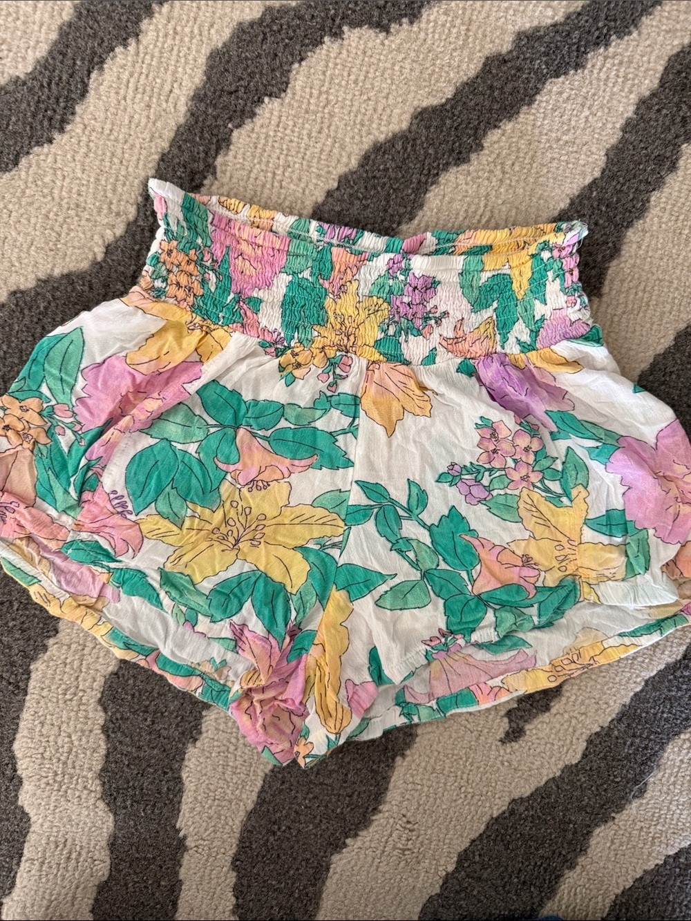 Billabong Floral High-Waist Smocked Shorts — Yellow, Green & Pink